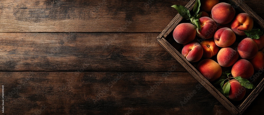 Poster top view of fresh ripe peaches in a rustic crate on a wooden table with ample space for text or desi