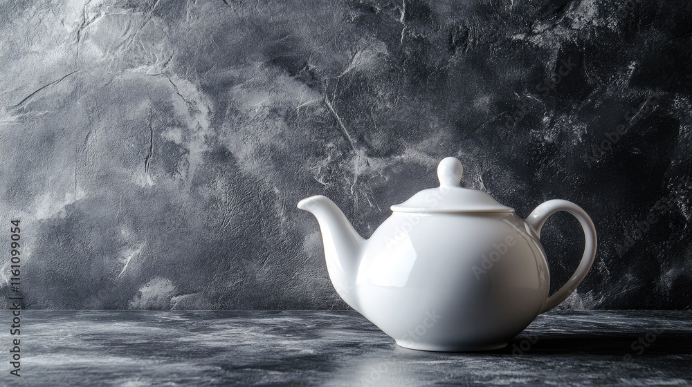 Aufkleber elegant white teapot resting on a textured dark stone surface with soft lighting creating a serene a