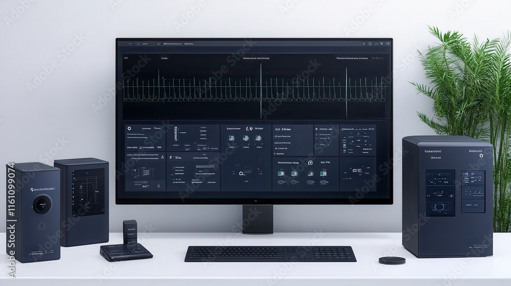 Poster a sleek workspace featuring a large monitor displaying data, accompanied by audio equipment and a ke