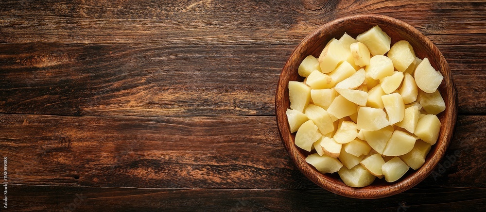 Aufkleber peeled and diced potatoes in a rustic bowl on wooden table with space for text or menu design above 