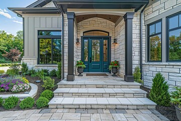 A detail of a front door on home with stone and white bricking siding, beautiful landscaping, and a colorful blue - green front door.