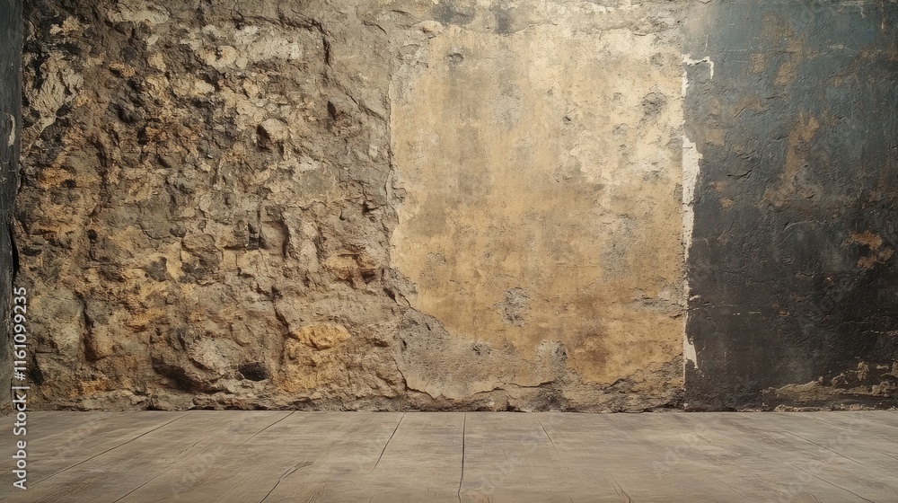 Aufkleber two distinctive brown stone wall textures with concrete flooring in an empty studio setting for crea