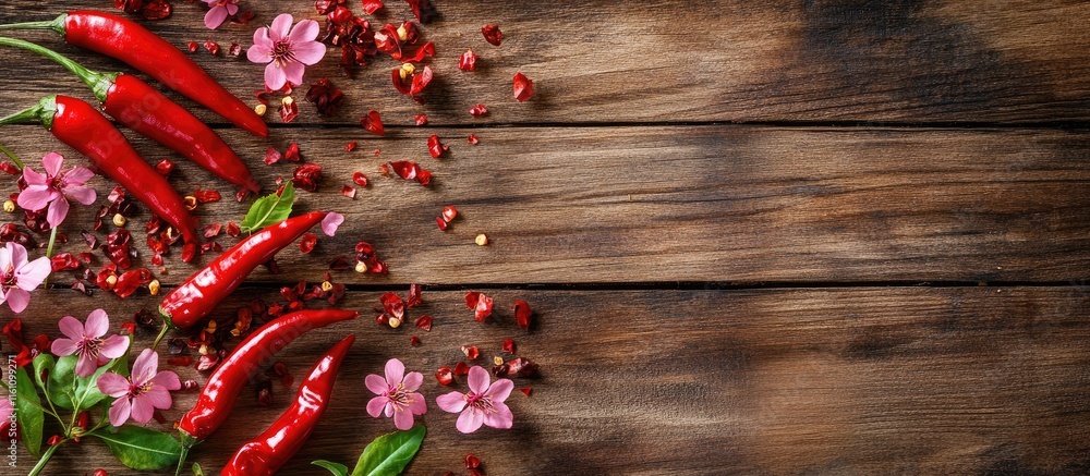 Poster top view of vibrant red chili peppers and sakura blossoms on a rustic wooden background with space f