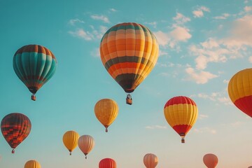 Obraz premium Colorful floating spheres creating dynamic patterns against a bright blue sky