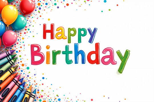 Birthday card with a colorful background, featuring balloons, crayons, and the inscription Happy Birthday in multicolored letters.