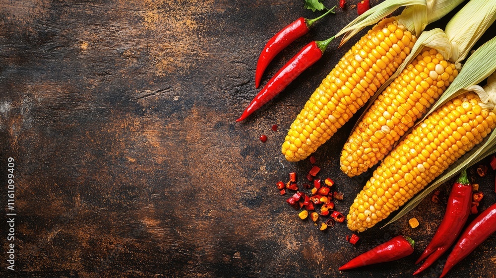 Aufkleber fresh corn on the cob with red chili peppers and empty space for text on dark rustic wooden backgrou