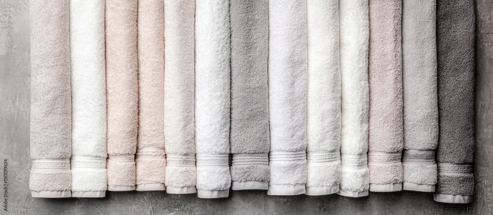Poster soft bathroom towels in neutral colors arranged in a row on a textured background with space for cus