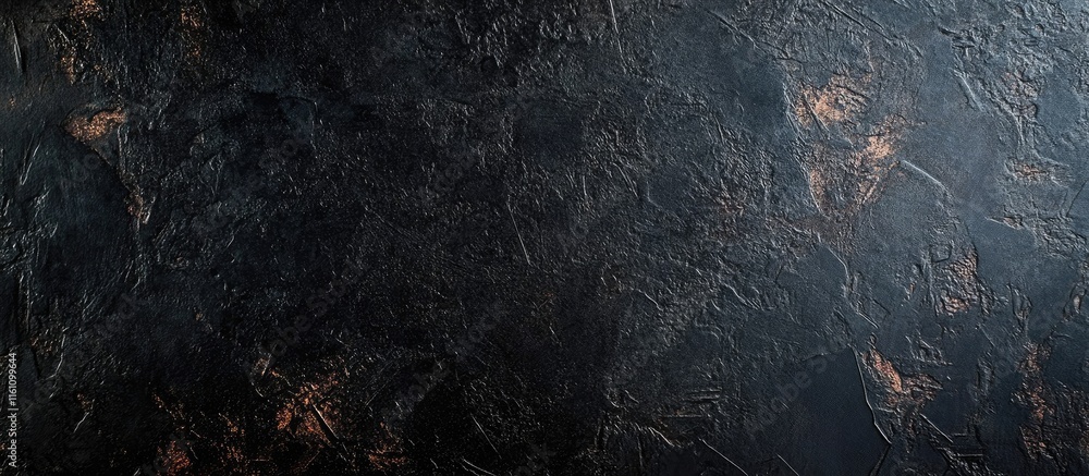 Poster top view of textured black office desk surface with ample empty space for text or branding elements 