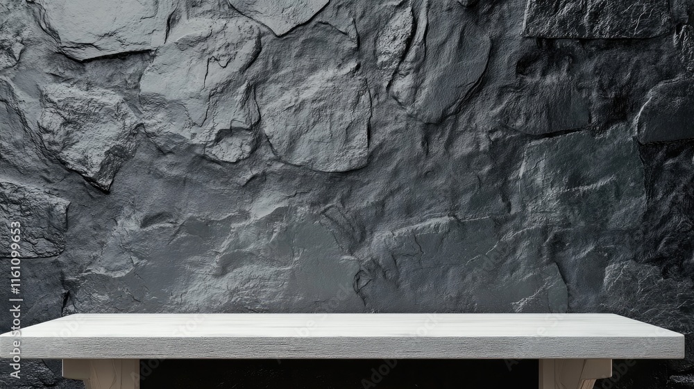 Poster minimalist white table set against a textured dark grey stone wall creating a modern and elegant int
