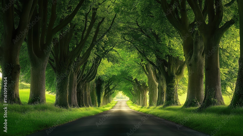 Poster scenic pathway winding through a vibrant green forest with towering trees creating a natural canopy 