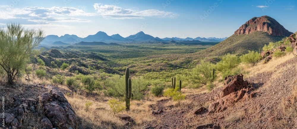 Poster serene desert landscape from magic peak with scenic mountains and cacti for text overlay in remote n