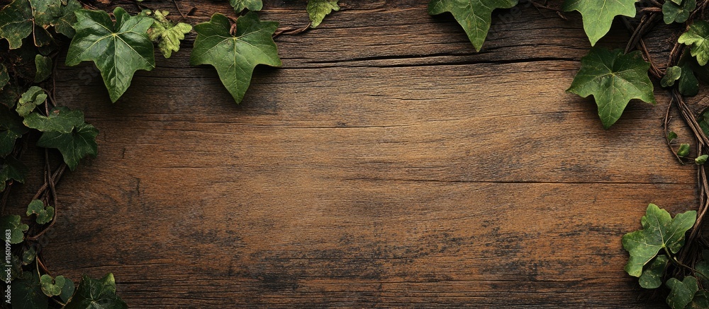 Poster wooden surface adorned with ivy leaves creating a natural frame and space for custom text or brandin