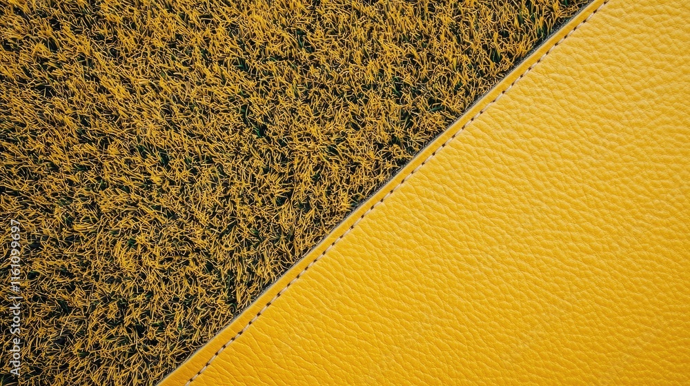 Poster yellow grass and textured artificial leather background creating a striking contrast in colors and m