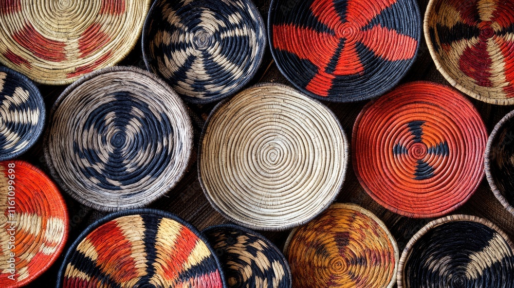 Poster bamana traditional grass weavings displayed from above showcasing intricate patterns and vibrant col
