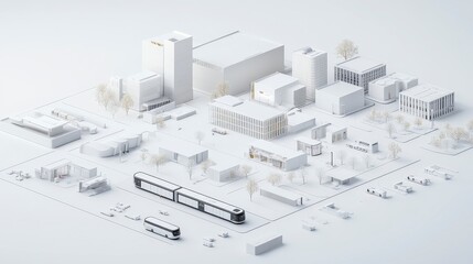 A minimalist city model featuring buildings, a tram, and trees, all in white, showcasing urban design and architecture.