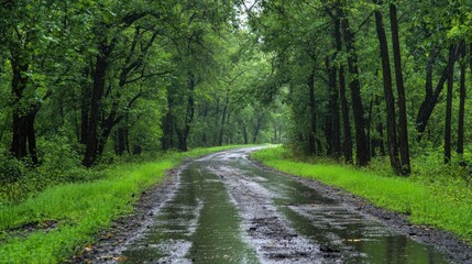 Fototapeta premium Rainy Forest Road in Countryside Tranquil Green Nature Scene Journey Through Lush Landscape with Stormy Weather and Cloudy Sky