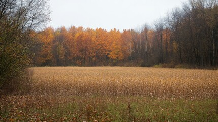 Fototapeta premium Corn Stalks in Autumn Landscape with Vibrant Foliage and Open Fields Featuring Ample Copy Space for Text and Graphics