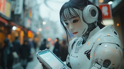 Fototapeta premium Female android using a futuristic device in a busy city street.
