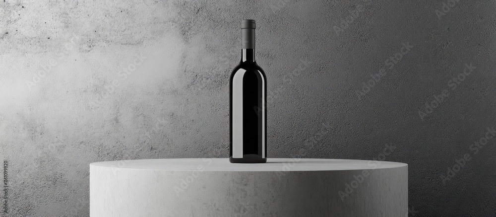 Poster wine bottle on minimalist round podium with dark gray background and blank area for text or branding
