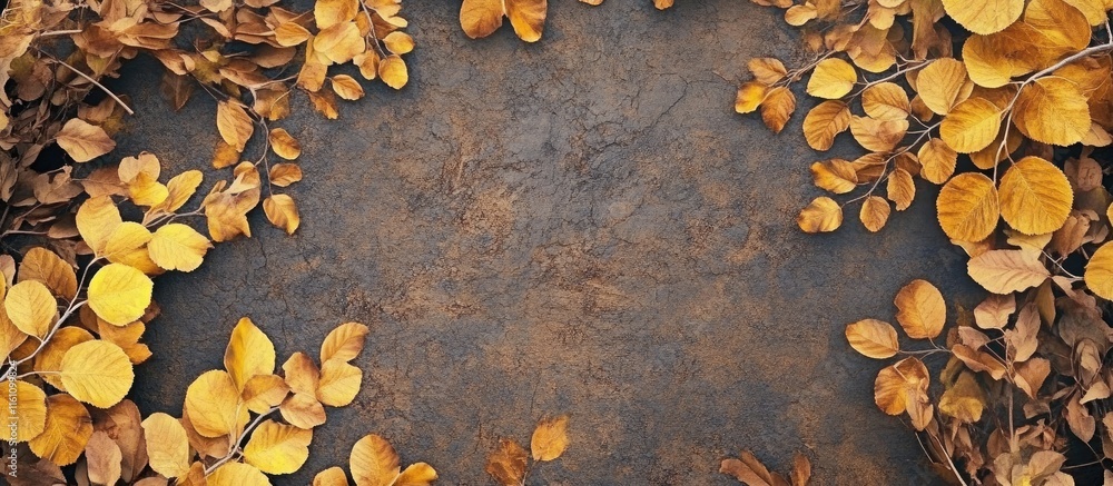 Poster yellow autumn leaves on brown forest floor creating a serene virtual reality backdrop with ample spa