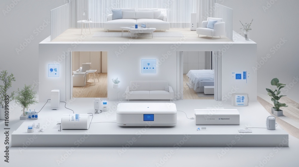 Poster a modern, minimalist model of a smart home showcasing interconnected devices and clean design elemen