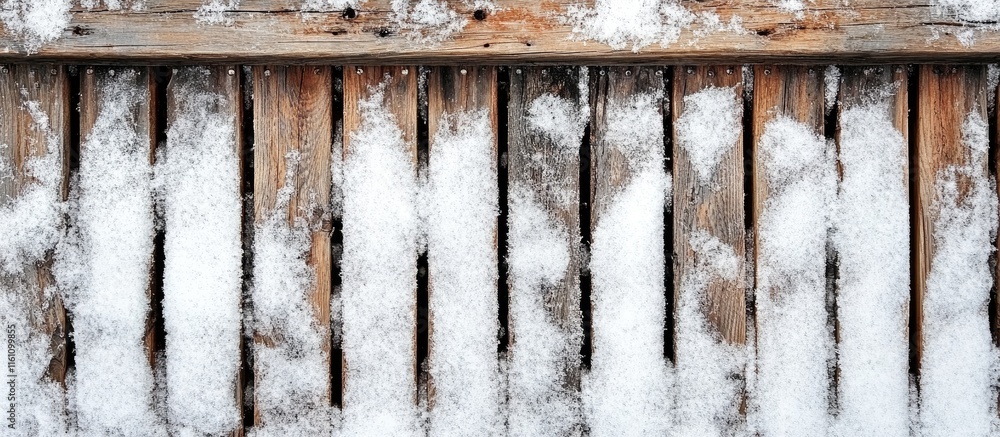 Poster top view of rustic wooden planks covered in snow with a textured background and space for design or 