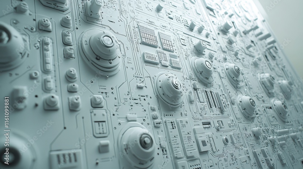 Poster a close-up view of a textured surface resembling a white circuit board with various knobs and compon