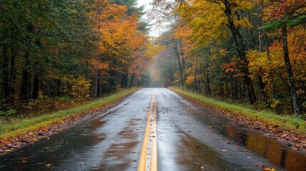 Fototapeta premium Autumn road scene with rain-soaked asphalt and vibrant fallen leaves creating a cozy seasonal atmosphere