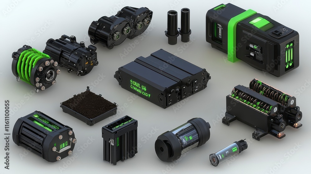Aufkleber a collection of mechanical components in black and green, showcasing various electronic parts and mo