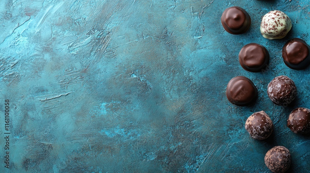 Poster truffle chocolates arranged on a textured blue background with ample space for text and creative foo