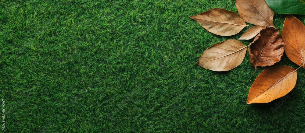 Poster top view of vibrant green grass with dry autumn leaves creating a contrast representing nature's cyc