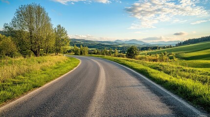 Naklejka premium Scenic Road Leading Towards Natural Gas Electricity Generation Facility Surrounded by Lush Green Landscape and Mountains in Background