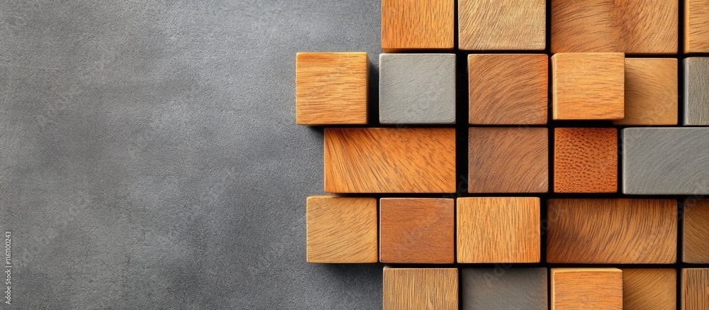 Poster interconnected wooden blocks arranged creatively with empty space for text on a textured surface for
