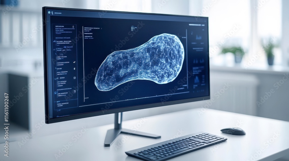 Aufkleber a modern computer screen displaying a digital visualization of a biological organism, showcasing adv