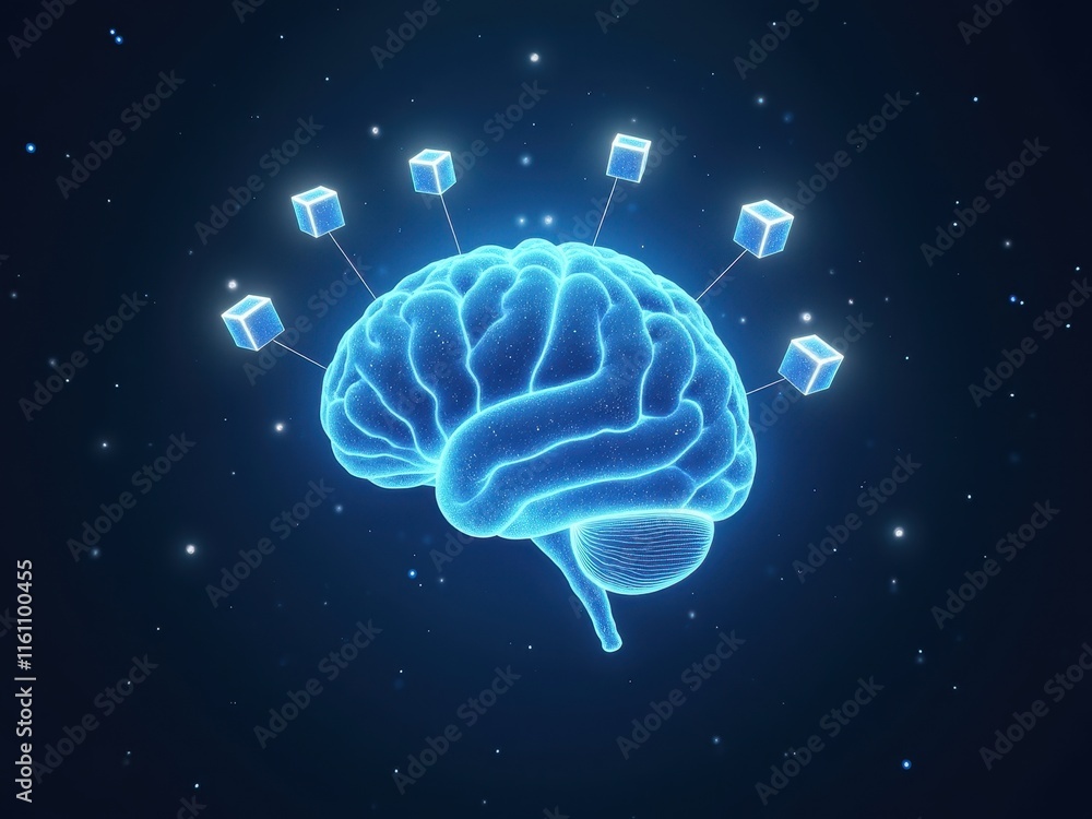 Aufkleber mesmerizing digital illustration of a glowing brain connected to data cubes in a starry backdrop