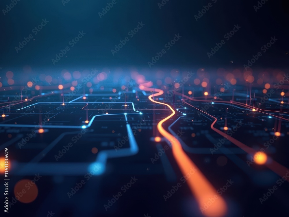 Poster futuristic glowing circuit board with vibrant blue and orange patterns in a dark setting