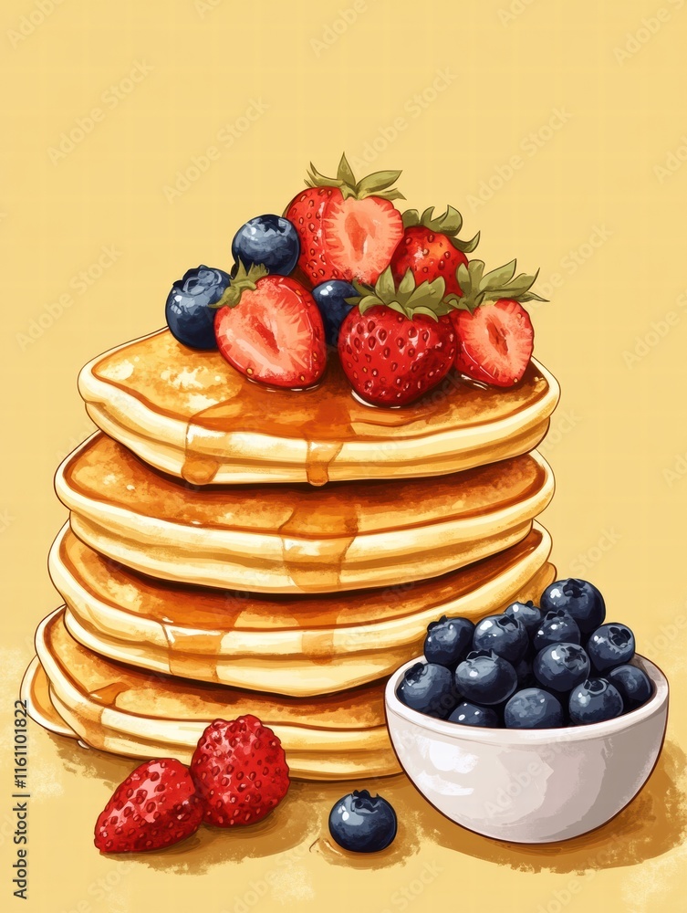 Fototapete stack of golden pancakes topped with fresh strawberries and blueberries on a light background with s