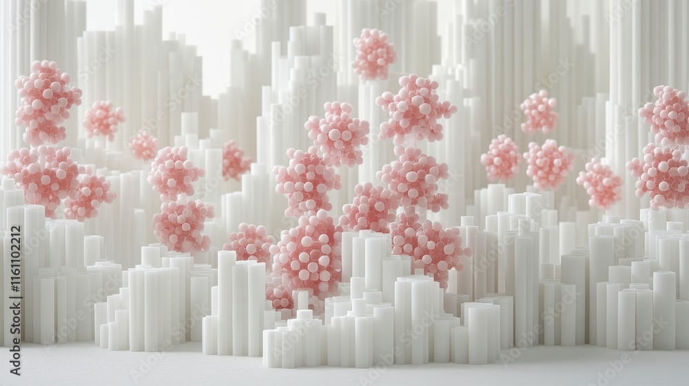 Poster a whimsical 3d scene featuring white structures with soft pink floral elements, creating a surreal a