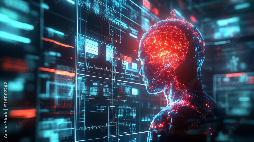 Poster a futuristic depiction of a humanoid figure with a glowing head, surrounded by digital data and tech
