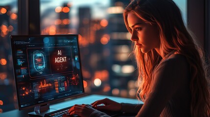 Young Woman Engaged in Focused Work at Computer