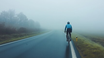 Cyclist Navigating a Foggy Road on a Quiet Morning