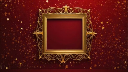 Gold Frame on Red Background with Scattered Stars