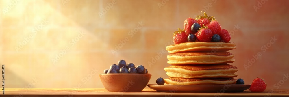 Poster delicious stack of golden pancakes topped with strawberries and blueberries for a delightful breakfa