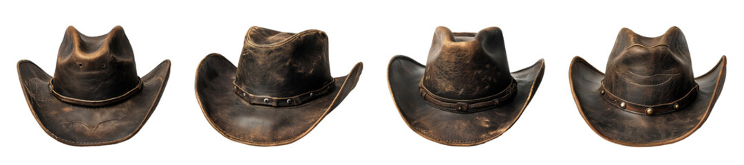 Vintage brown leather cowboy hats isolated on transparent or white background