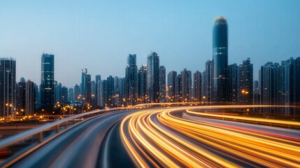 Fototapeta premium Urban Night Scene with Light Trails and Skyscrapers in City
