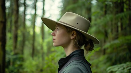 Individual Wearing a Wide Brimmed Hat Explores the Serene Beauty of a Forest During a Quiet Moment of Reflection