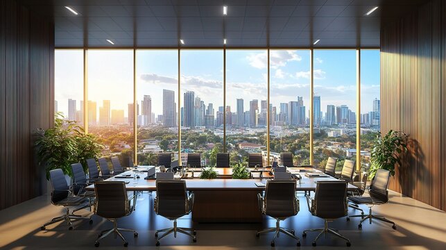 Modern Conference Room with Panoramic City View at Sunset