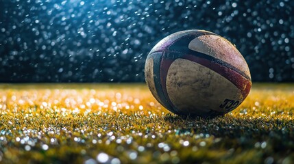 Rugby Ball Resting on the Pitch Under Focused Lighting During an Intense Night Match in the Rain