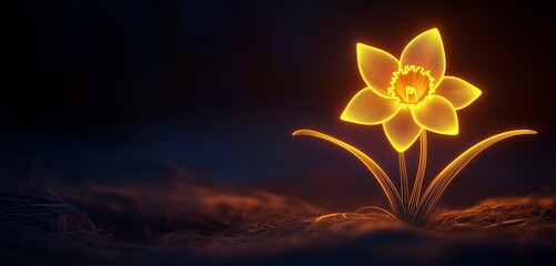 Minimalist neon daffodil, its yellow glow brightening a dark scene.