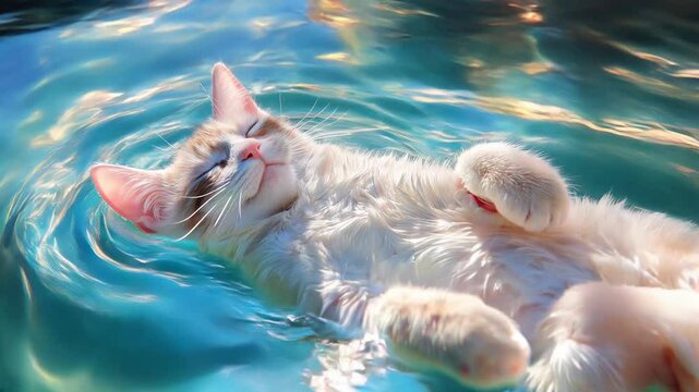 Un chat heureux et relax flottant sur l'eau. A happy, relaxed cat floating on water.